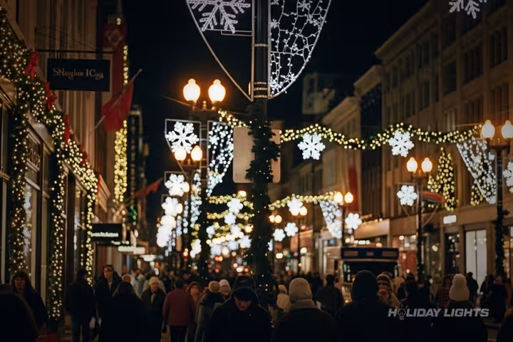 Downtown Decorated With String Lights On Trees And Lamp Posts — Massachusetts
