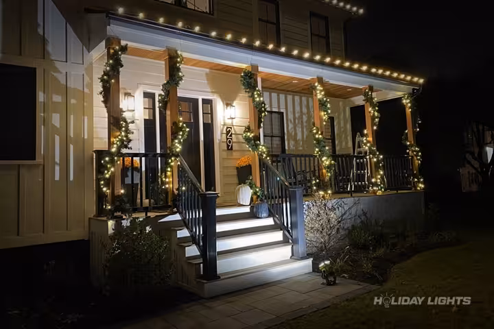 Garlands Decoration Porch Pillars - Residential Christmas lights installation in Massachusetts