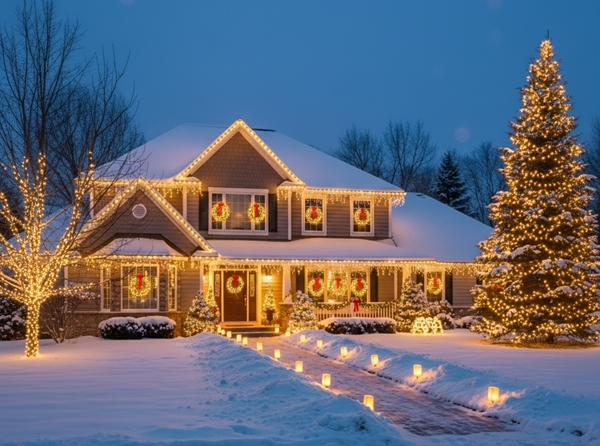 Roofline Christmas lights on a home in Cambridge, MA