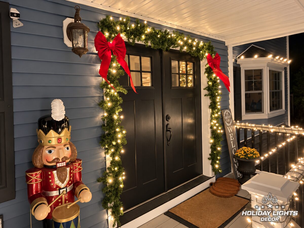 Pre-lit fir garland with red velvet bows framing double black front doors on a Middleton, MA colonial porch