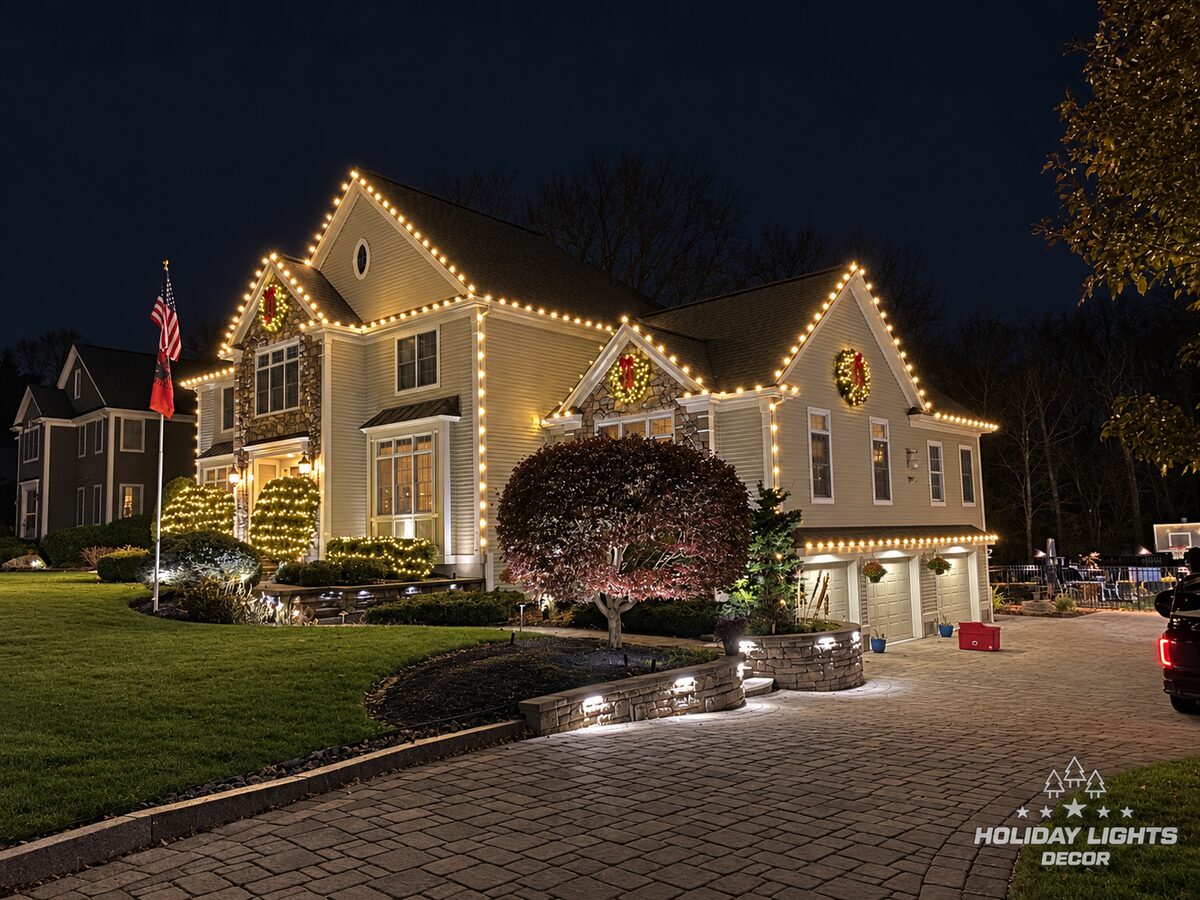 Angled view of C9 roofline lights, gable wreaths and a lit garage eave on a large Middleton, MA home at night