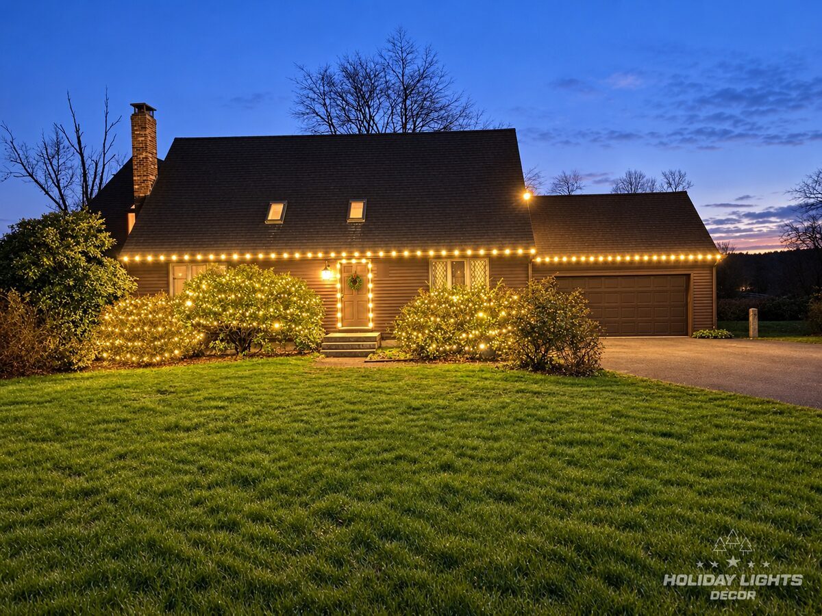 Blue hour view of a Cape Cod home in Framingham, MA with warm white lights on the eaves and garage, lit foundation shrubs and a framed door