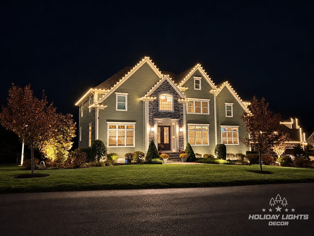 Straight-on view of warm white C9 lights outlining stacked front gables of a Middleton, MA home at night