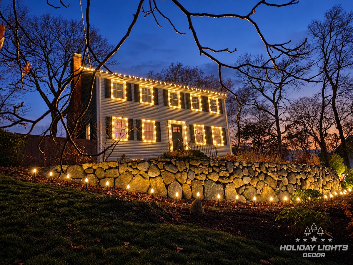 Wide evening view of a Woburn, MA colonial with warm white roofline, window and doorway lights above a curved fieldstone retaining wall