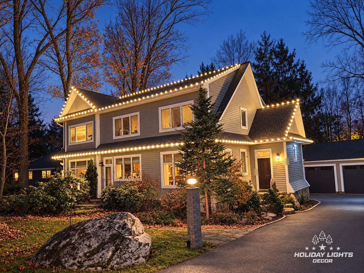 Angled view of a Shrewsbury, MA home with warm white C9 lights along the ridges, eaves, front gable and side-entry roof