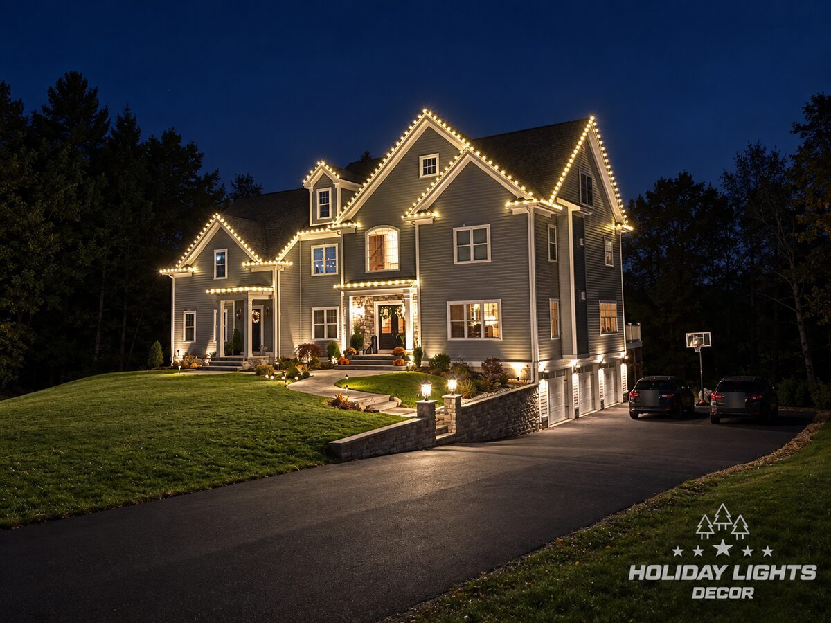 Warm white C9 lights on the gables, dormer and porch roofs of a large Middleton, MA home above a sloped drive at night
