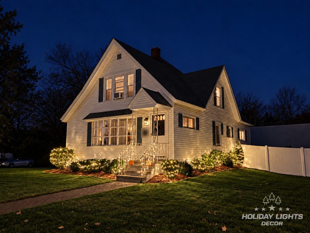 Warm white mini lights wrapped through foundation shrubs and stair railings of a Cape Cod home in Woburn, MA at night
