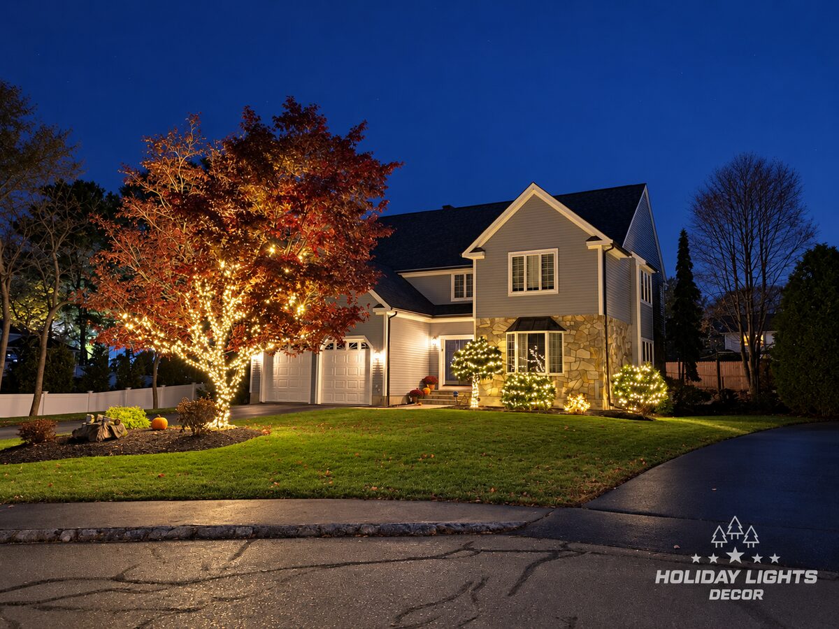 Large front-yard tree and rounded shrubs wrapped in warm white mini lights at a two-story Woburn, MA home at night