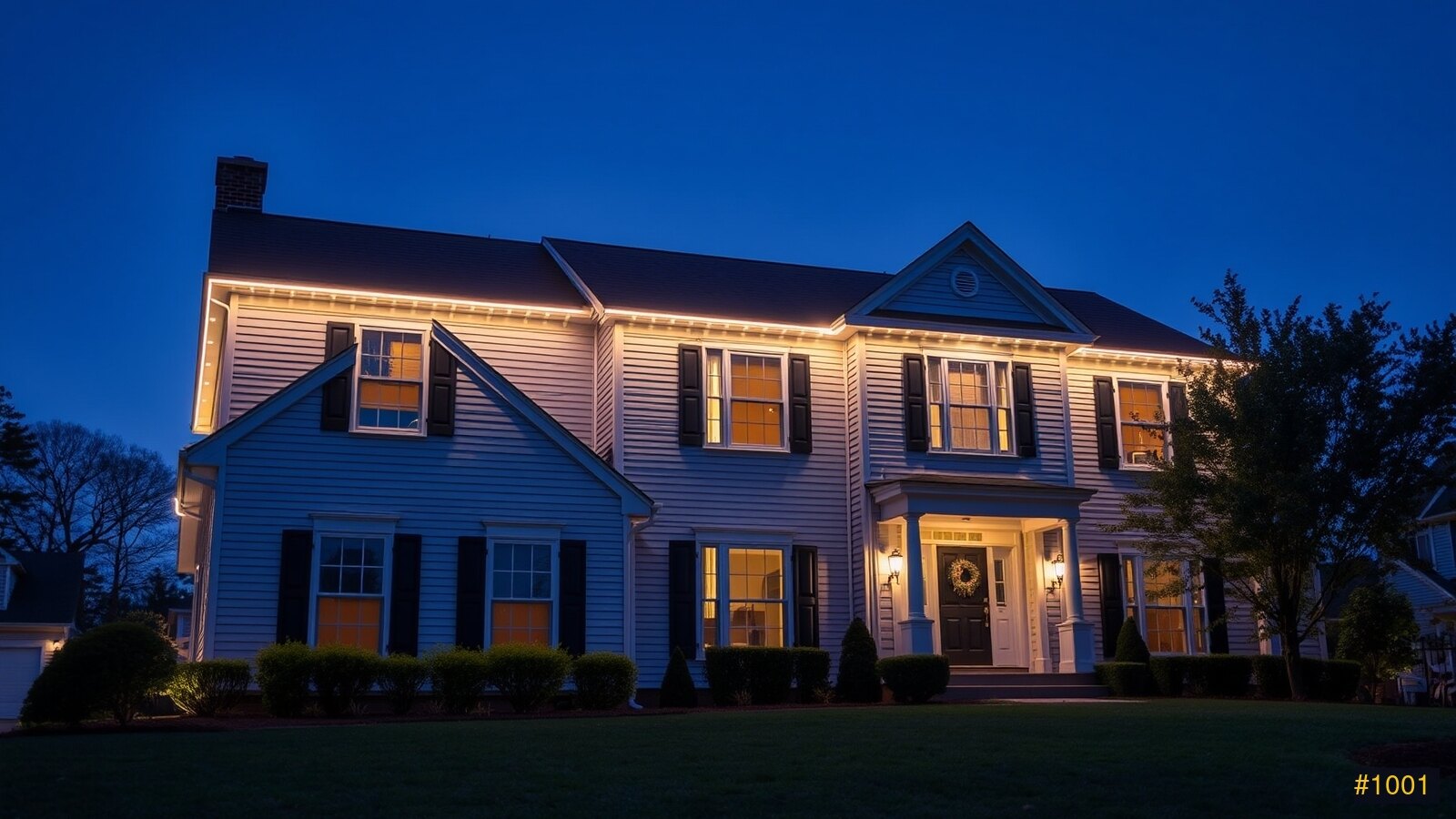 Permanent LED roofline lighting on an upscale home at dusk