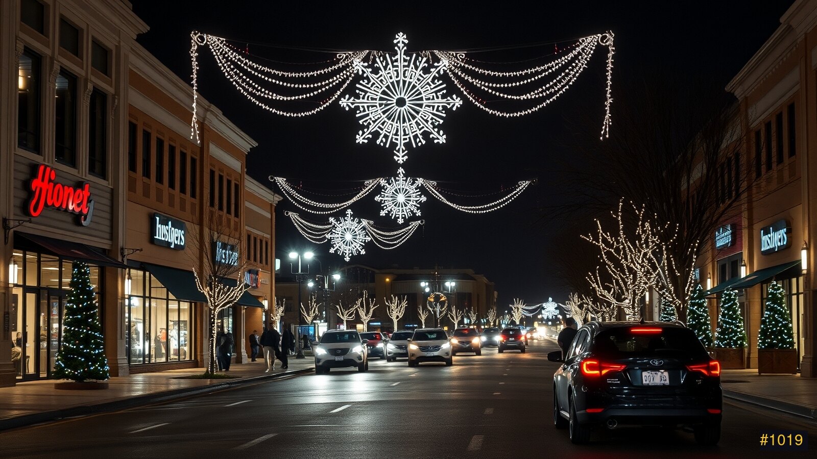 A commercial plaza decorated with Christmas lights at night